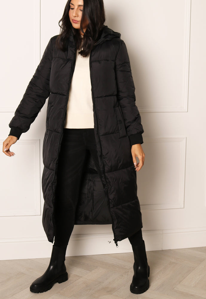 JDY Larvik Maxi Longline Hooded Quilted Puffer Coat in Black - One Nation Clothing