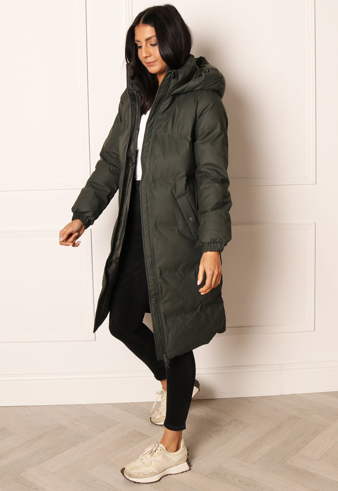 VERO MODA Long Noe Water Repellent Quilted Hooded Midi Puffer Coat in Dark Khaki - One Nation Clothing