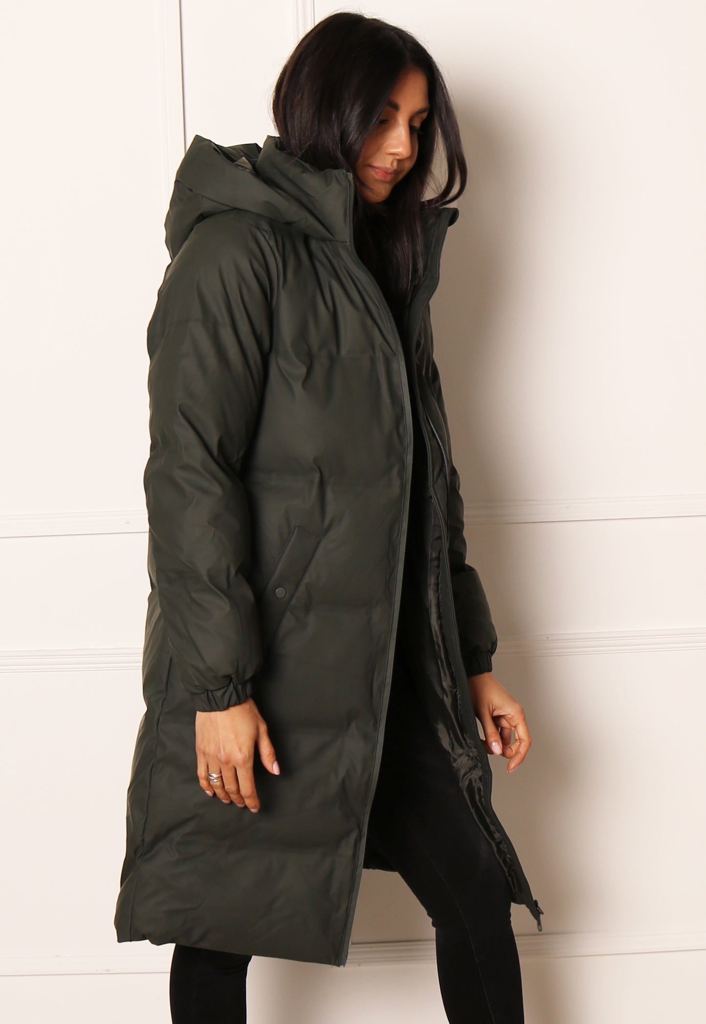 
                  
                    VERO MODA Long Noe Water Repellent Quilted Hooded Midi Puffer Coat in Dark Khaki - One Nation Clothing
                  
                