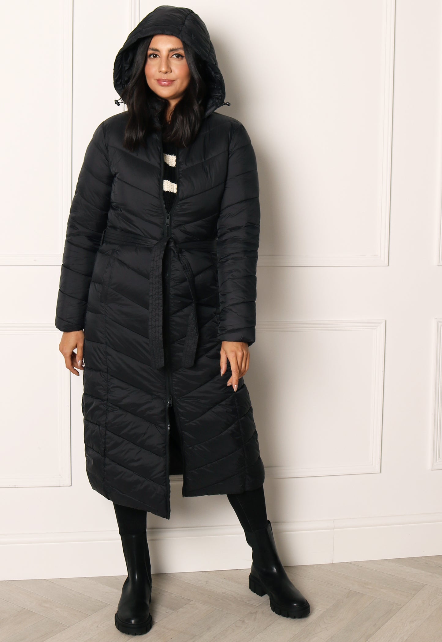 ONLY Maggie Long Maxi Quilted Padded Puffer Coat with Belt in Black - One Nation Clothing