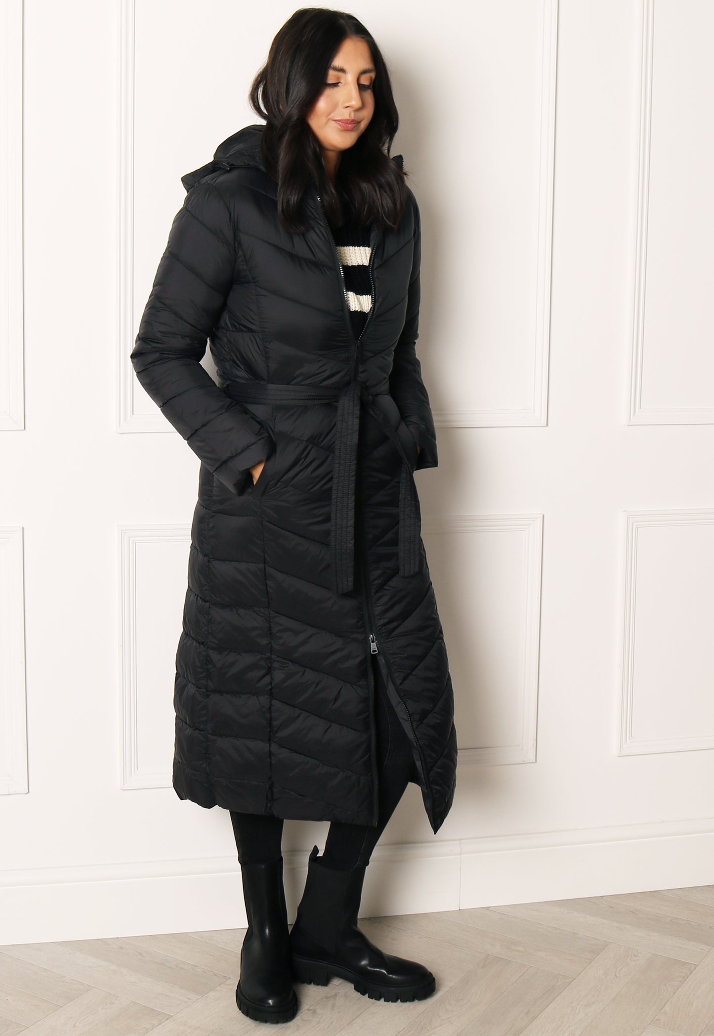 ONLY Maggie Long Maxi Quilted Padded Puffer Coat with Belt in Black - One Nation Clothing