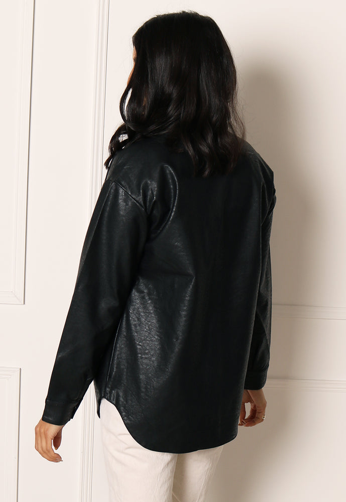 
                  
                    ONLY Mia Faux Leather Curve Hem Shacket in Black - One Nation Clothing
                  
                