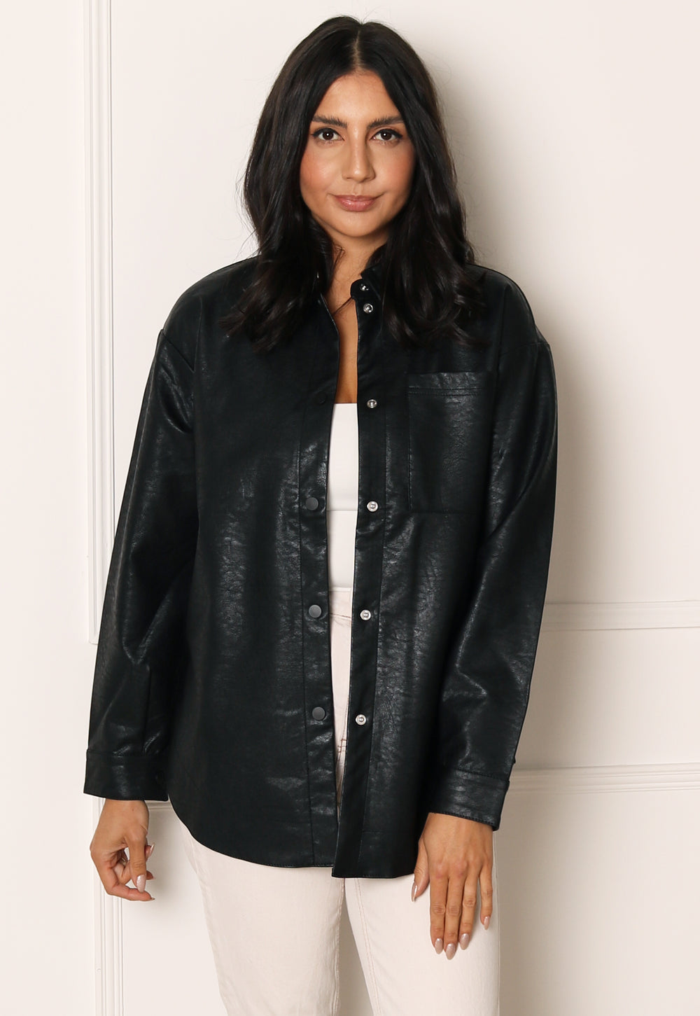 ONLY Mia Faux Leather Curve Hem Shacket in Black - One Nation Clothing