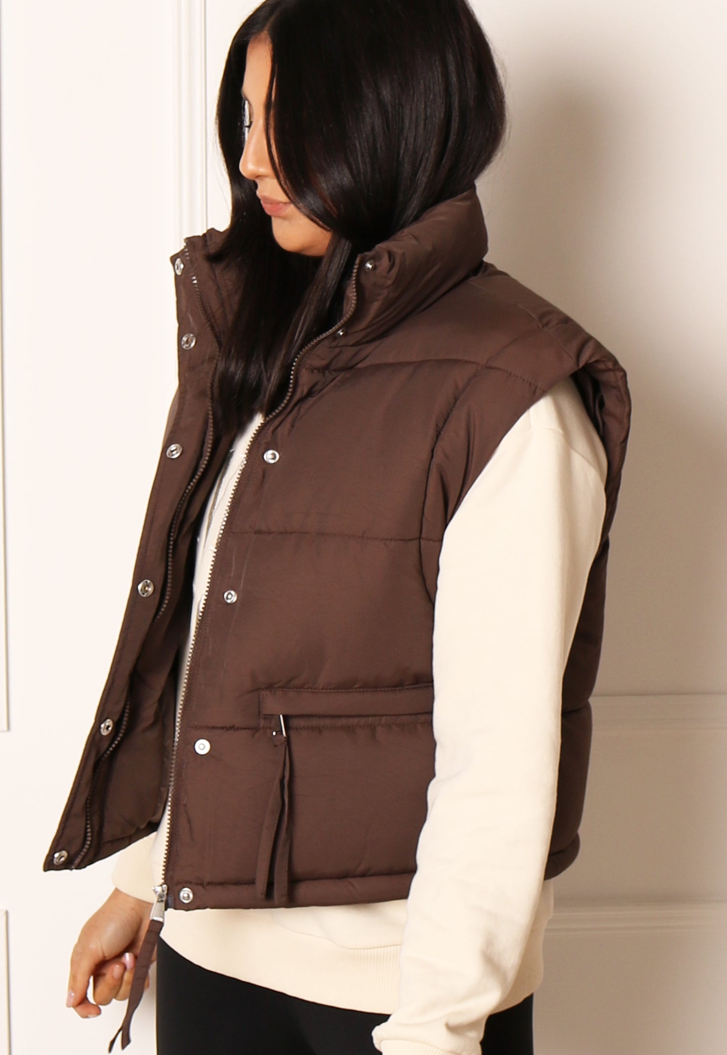 JDY Milo 2 in 1 Cropped Puffer Jacket & Gilet with Funnel Neck in Chocolate Brown - One Nation Clothing