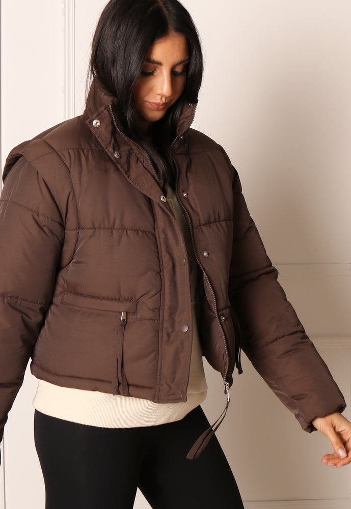 
                  
                    JDY Milo 2 in 1 Cropped Puffer Jacket & Gilet with Funnel Neck in Chocolate Brown - One Nation Clothing
                  
                