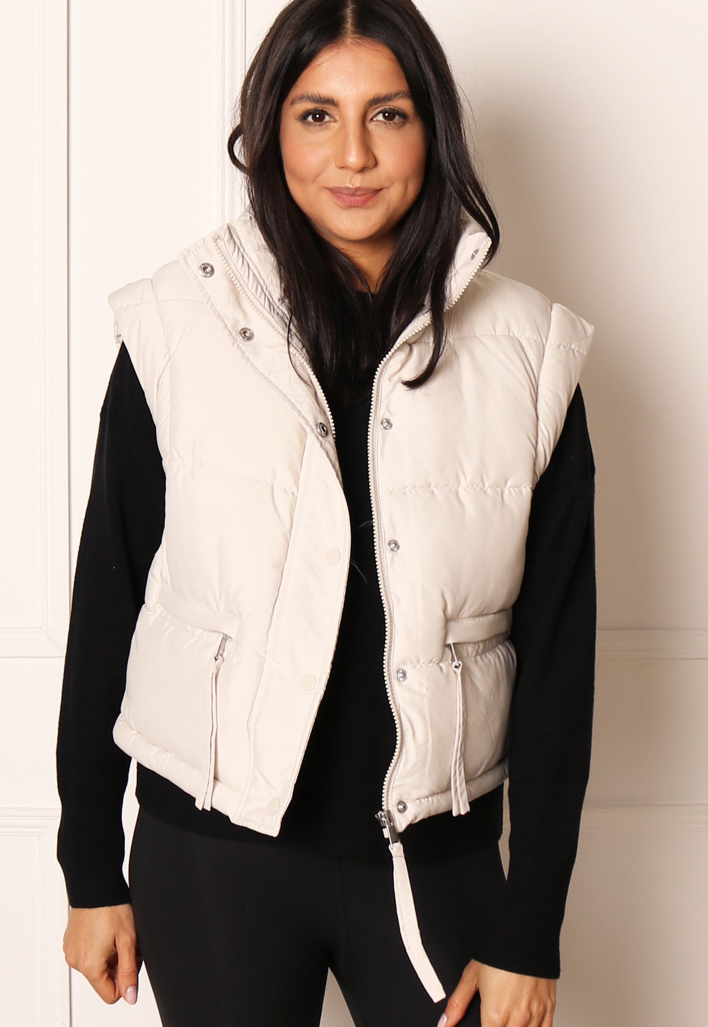 JDY Milo 2 in 1 Cropped Puffer Jacket & Gilet with Funnel Neck in Cream - One Nation Clothing