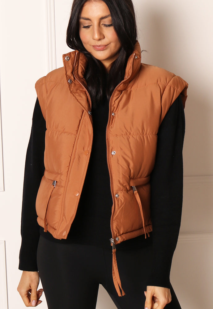 JDY Milo 2 in 1 Cropped Puffer Jacket & Gilet with Funnel Neck in Tan - One Nation Clothing