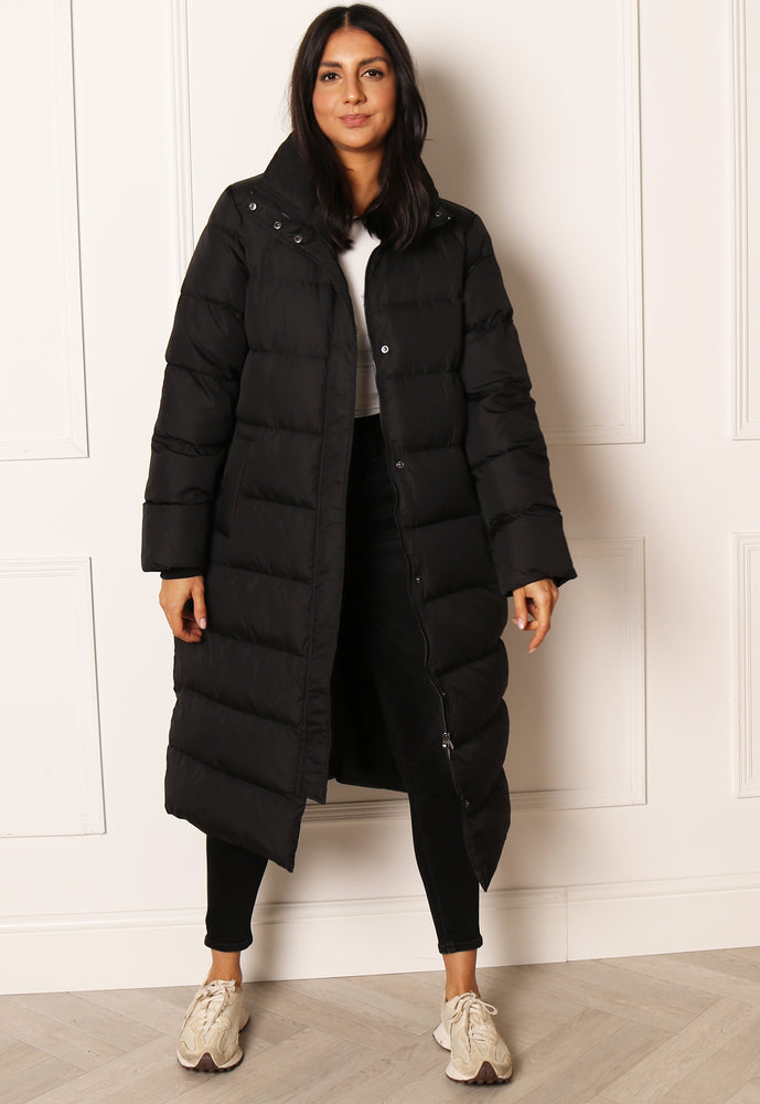 VILA Camisa Maxi Longline Down Puffer Coat with Funnel Neck in Black - One Nation Clothing