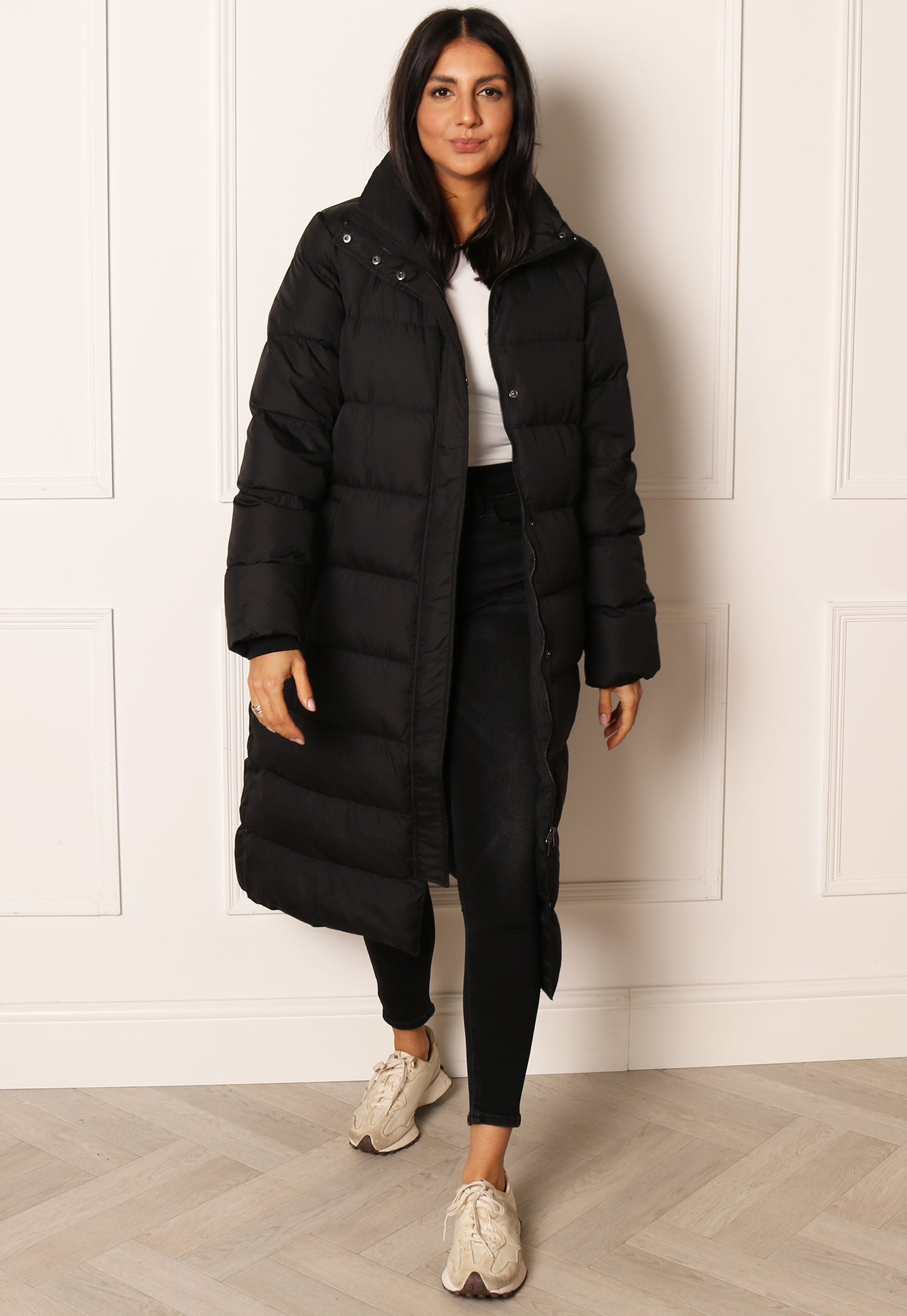 VILA Camisa Maxi Longline Down Puffer Coat with Funnel Neck in Black - One Nation Clothing