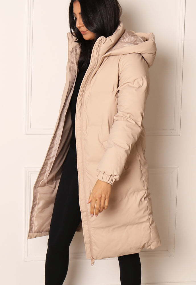 VERO MODA Long Noe Water Repellent Quilted Hooded Midi Puffer Coat in Soft Beige - One Nation Clothing