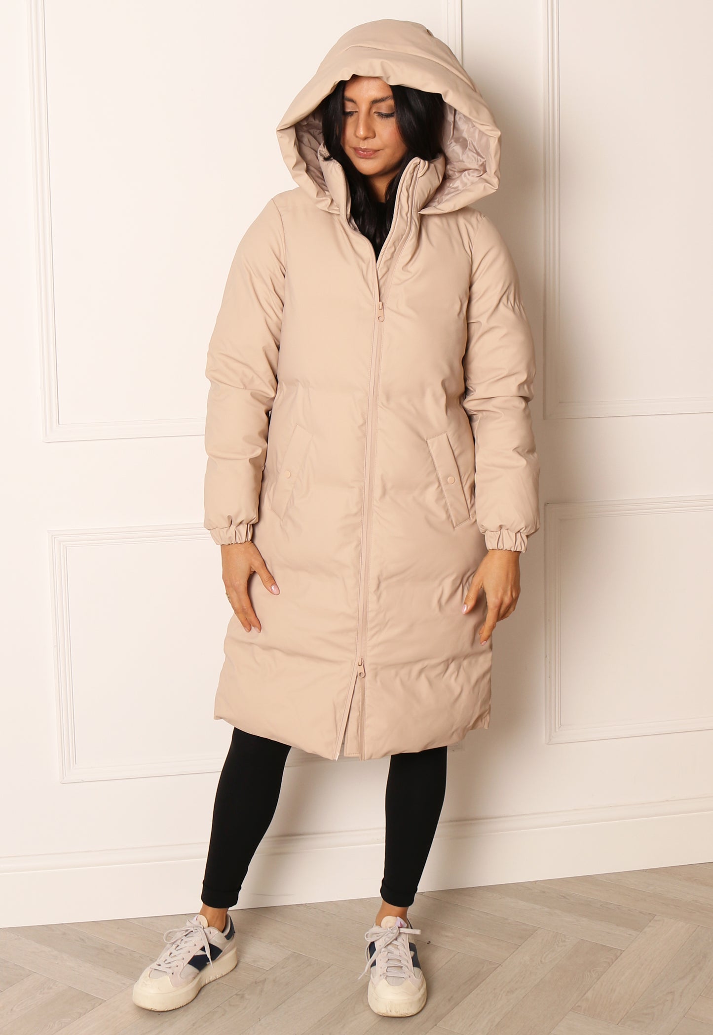 VERO MODA Long Noe Water Repellent Quilted Hooded Midi Puffer Coat in Soft Beige | One Clothing VERO Long Noe Water Repellent Quilted Hooded Puffer in