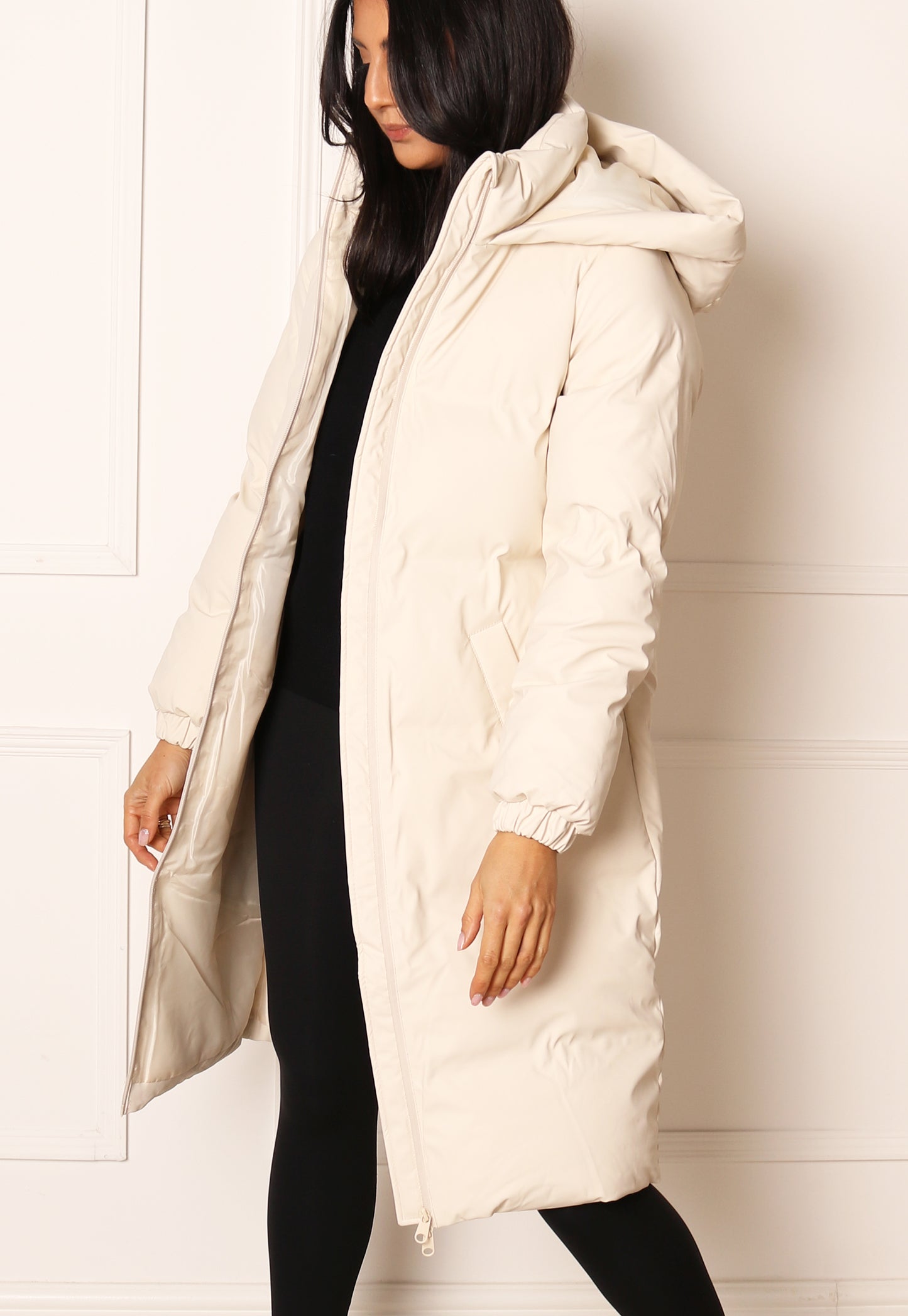 VERO MODA Long Noe Water Repellent Quilted Hooded Midi Puffer Coat in Cream - One Nation Clothing