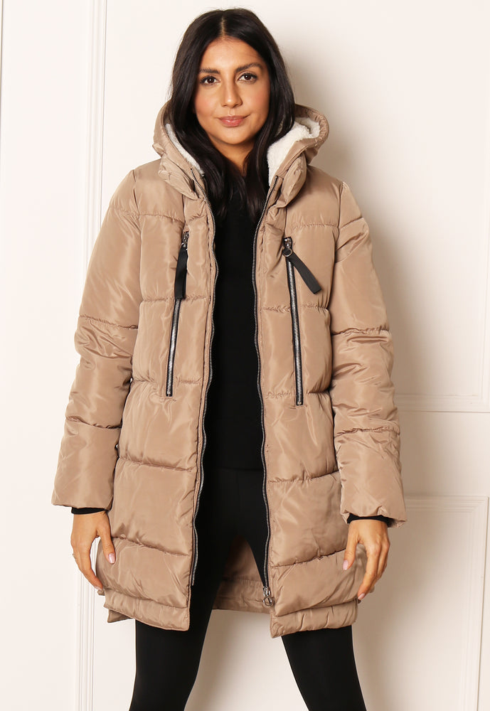 ONLY New Nora Luxe Quilted Longline Hooded Puffer Coat in Beige - One Nation Clothing