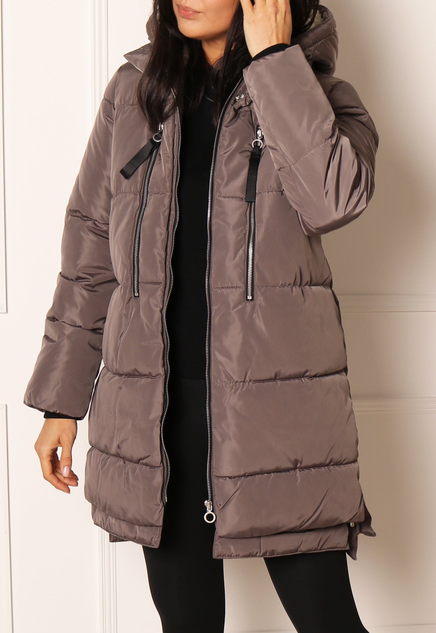 
                  
                    ONLY New Nora Luxe Quilted Longline Hooded Puffer Coat in Mushroom - One Nation Clothing
                  
                