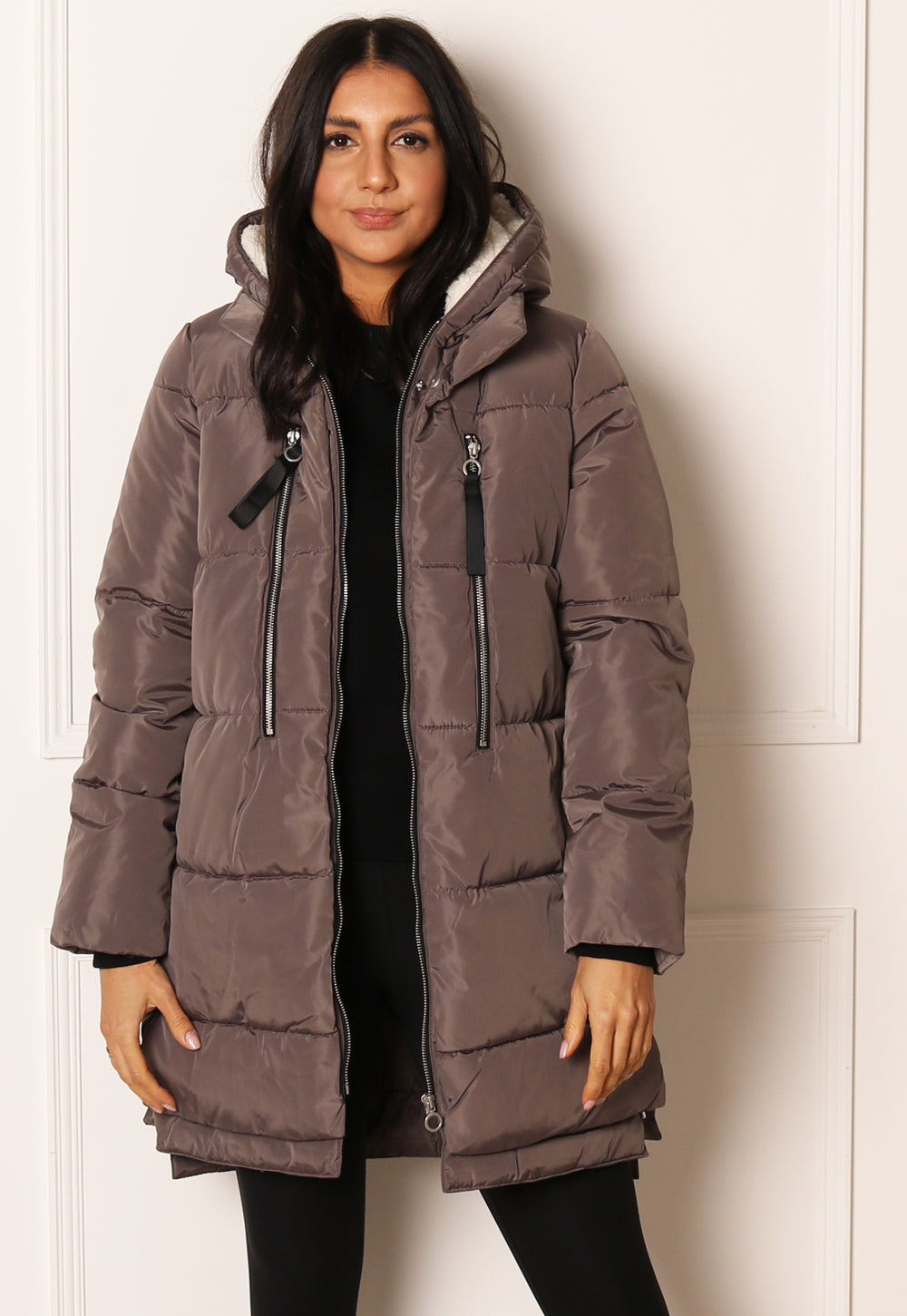 ONLY New Nora Luxe Quilted Longline Hooded Puffer Coat in Mushroom - One Nation Clothing