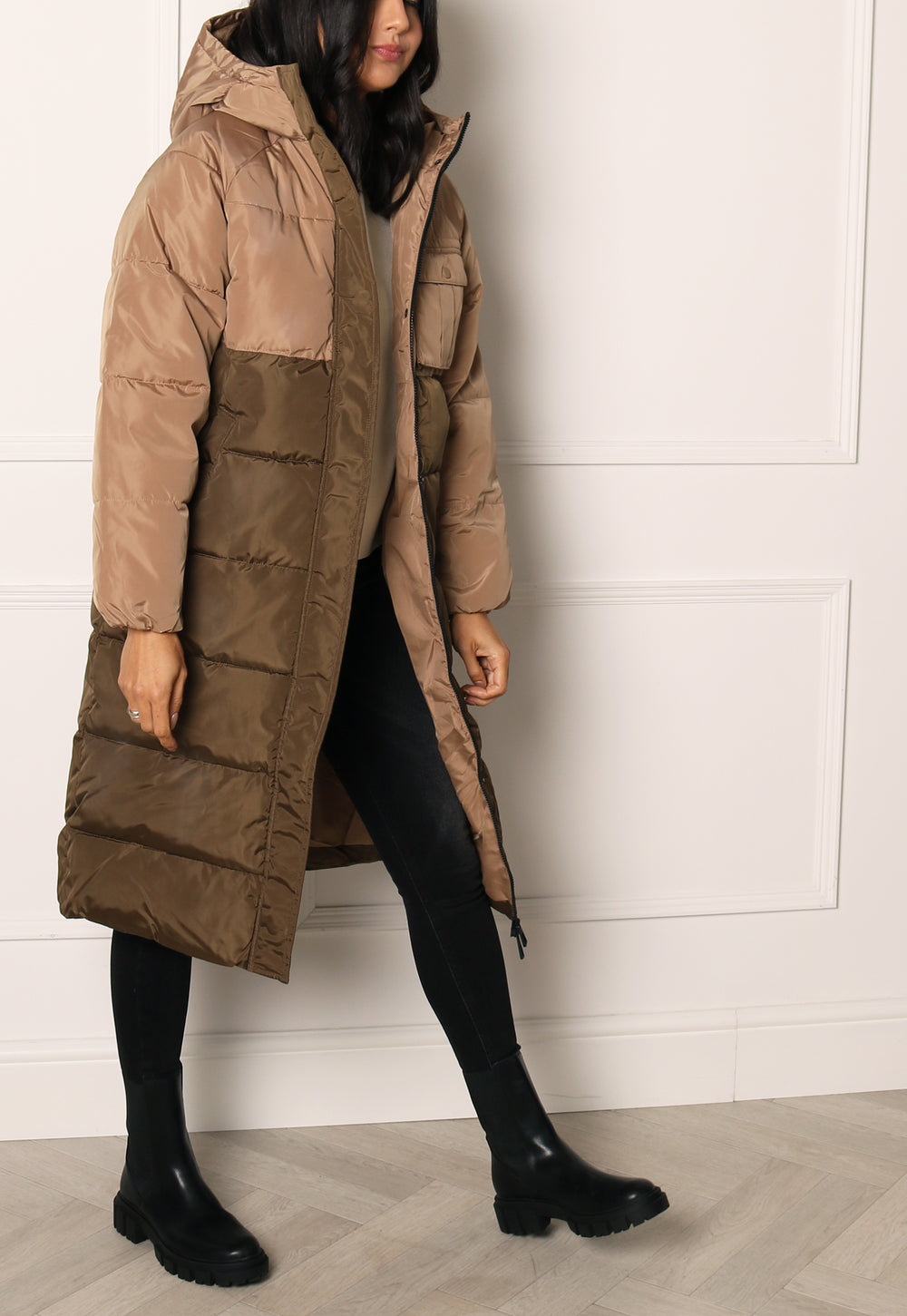 ONLY Becca Longline Midi Puffer Coat with Hood in Colour Block Khaki & Beige - One Nation Clothing