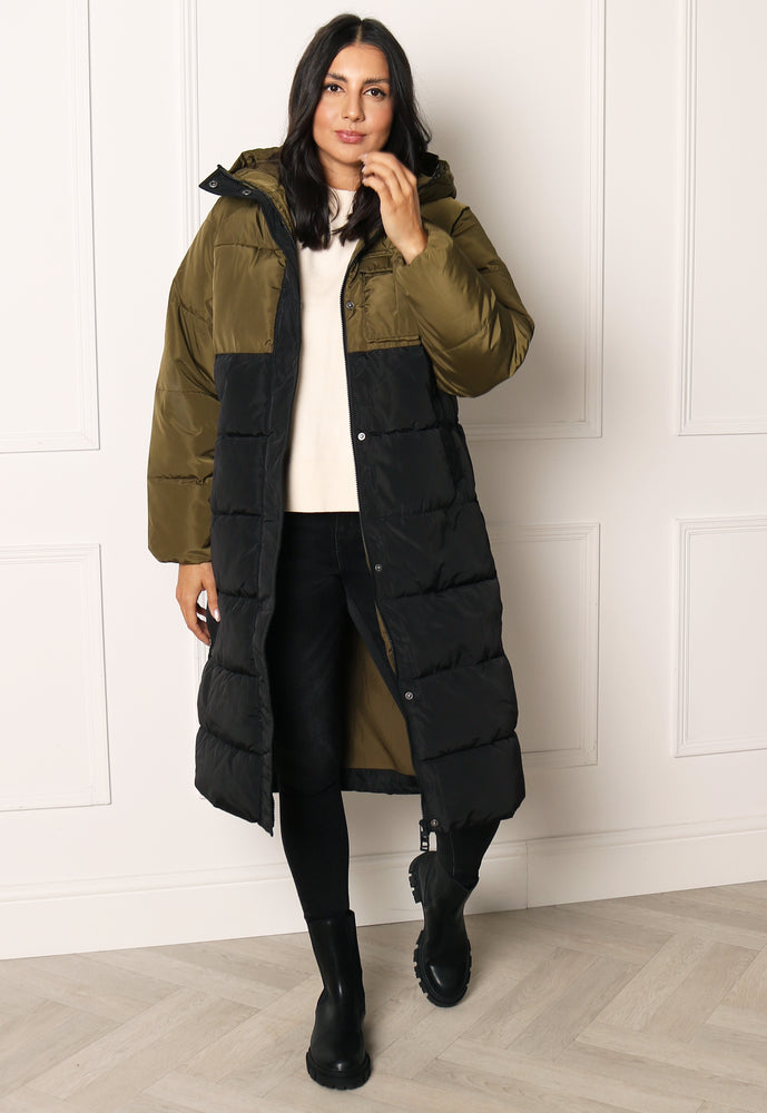 
                  
                    ONLY Becca Longline Midi Puffer Coat with Hood in Colour Block Black & Khaki - One Nation Clothing
                  
                