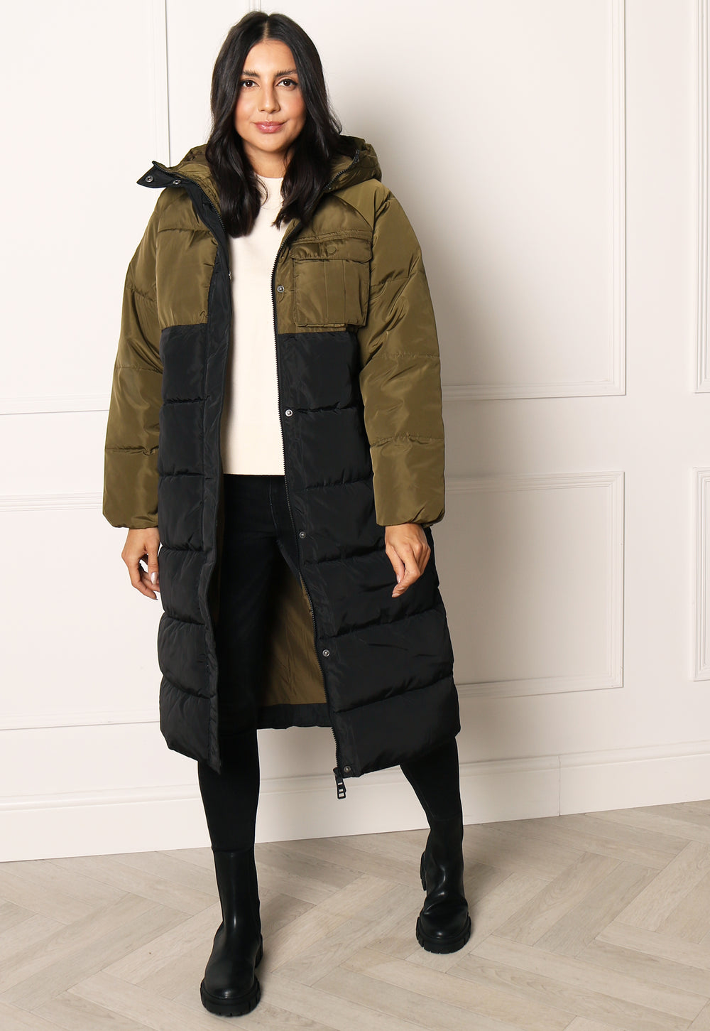 ONLY Becca Longline Midi Puffer Coat with Hood in Colour Block Black & Khaki - One Nation Clothing