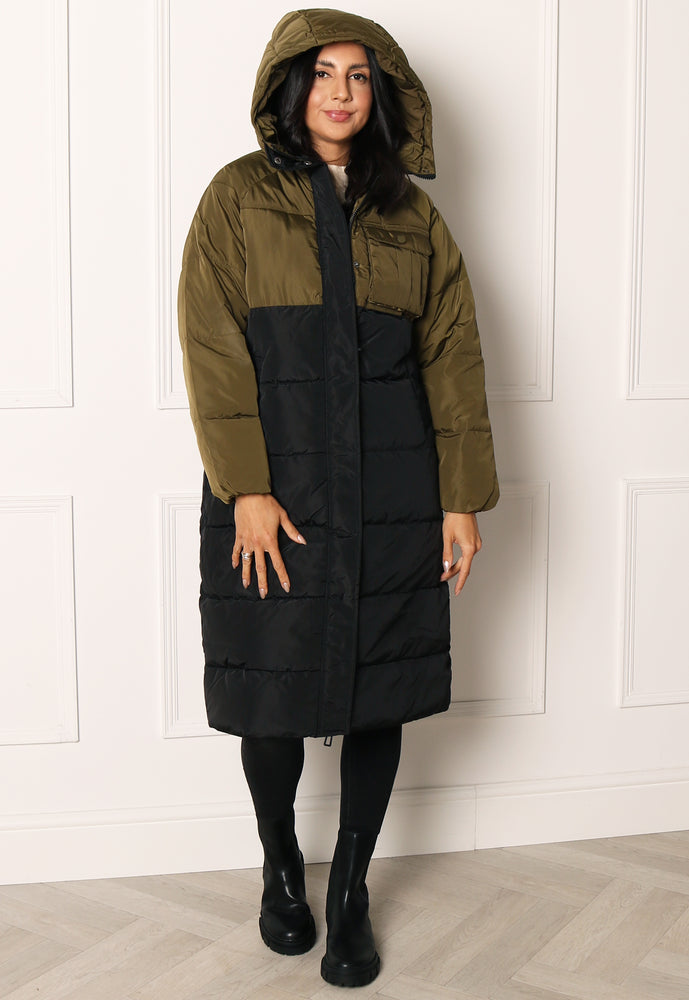 ONLY Becca Longline Midi Puffer Coat with Hood in Colour Block Black & Khaki - One Nation Clothing
