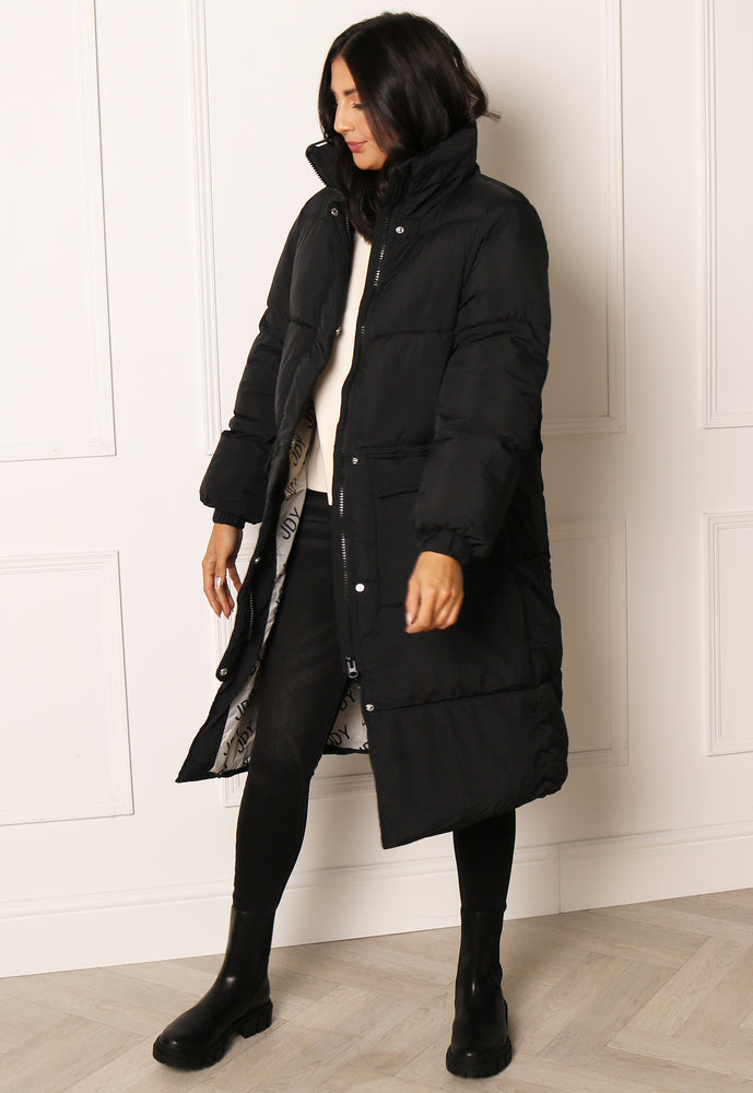 JDY Lenora Oversized Longline Puffer Coat with Pockets in Black - One Nation Clothing