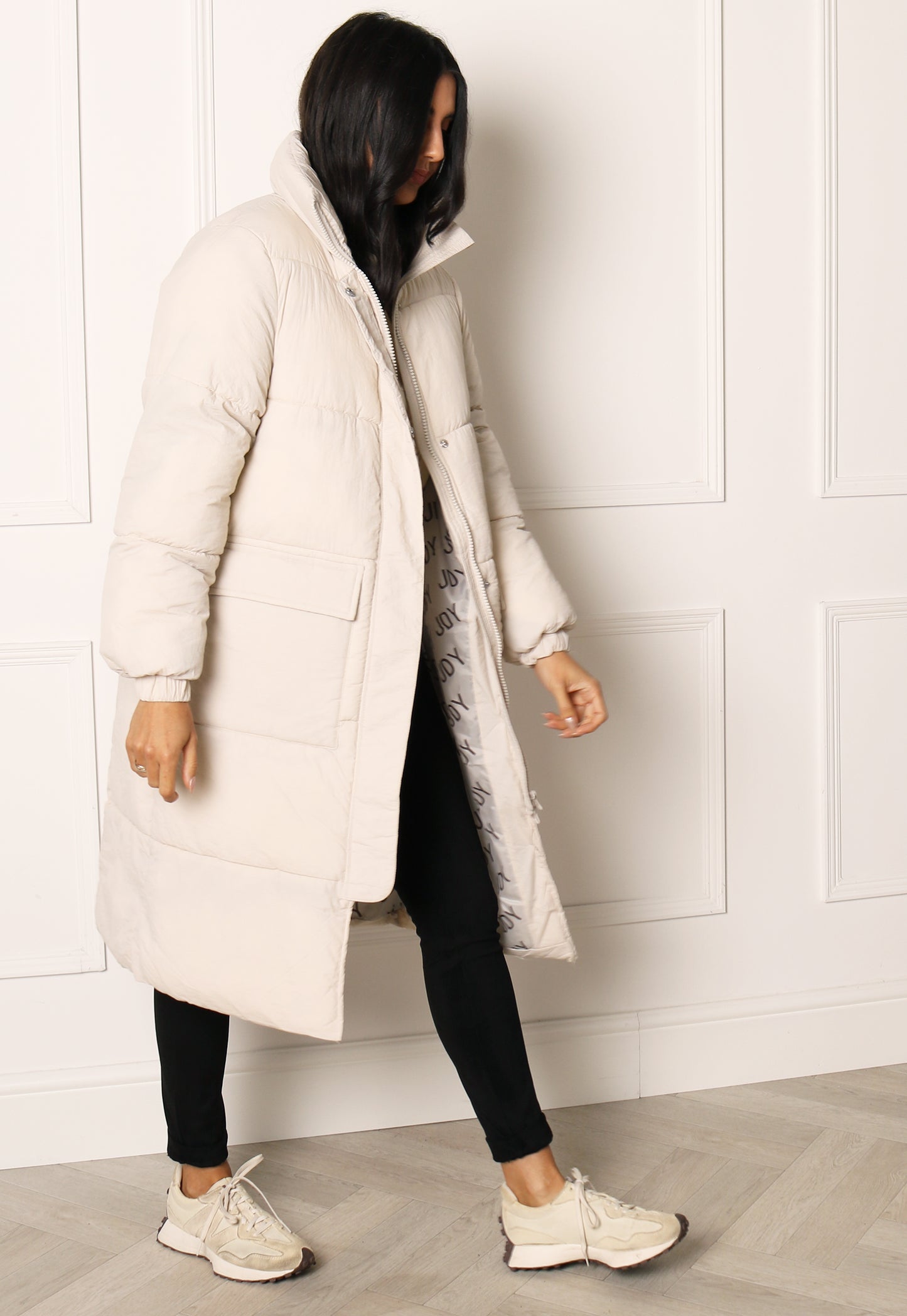 JDY Lenora Oversized Longline Puffer Coat with Pockets in Cream - One Nation Clothing