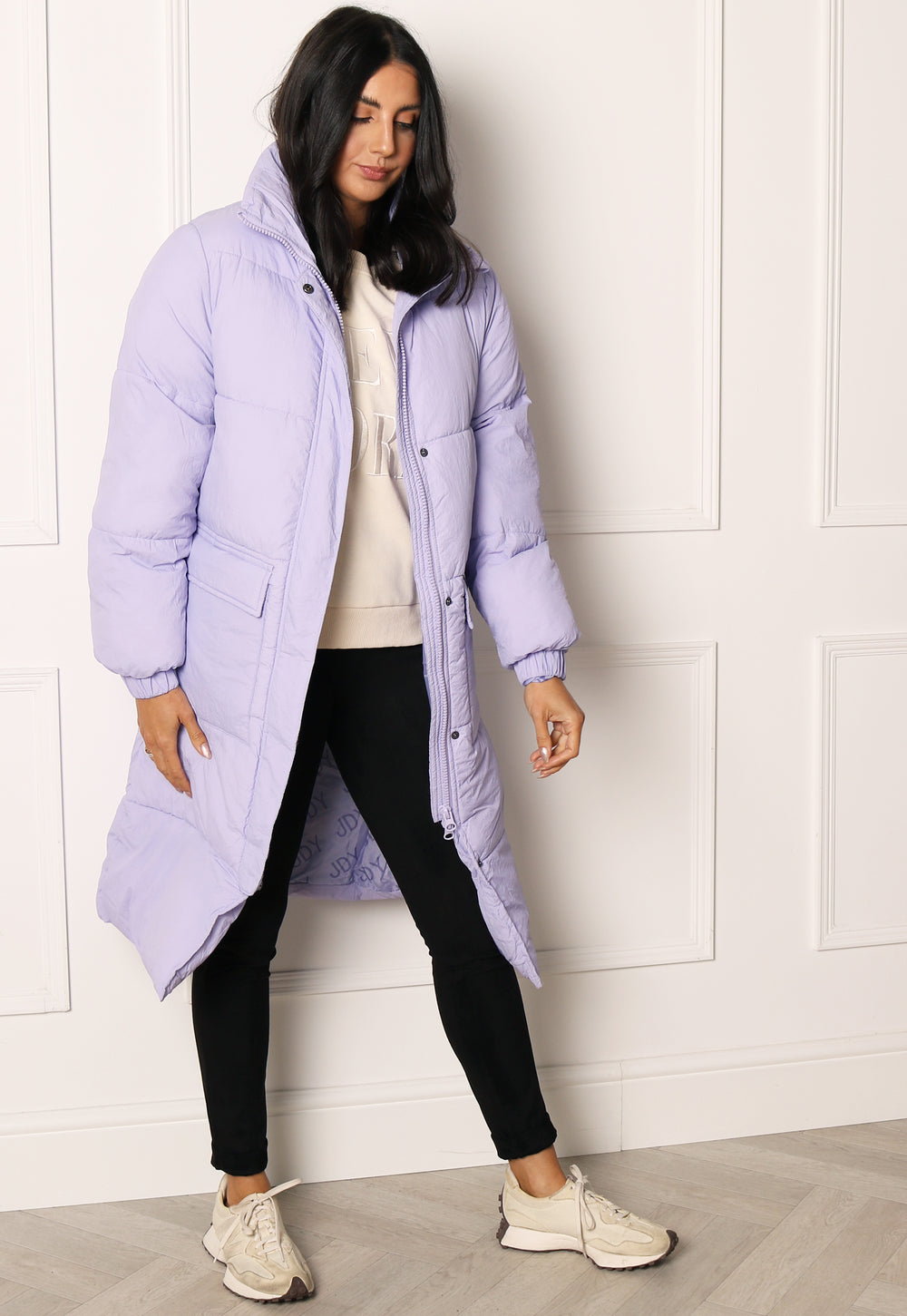 JDY Lenora Oversized Longline Puffer Coat with Pockets in Lilac - One Nation Clothing