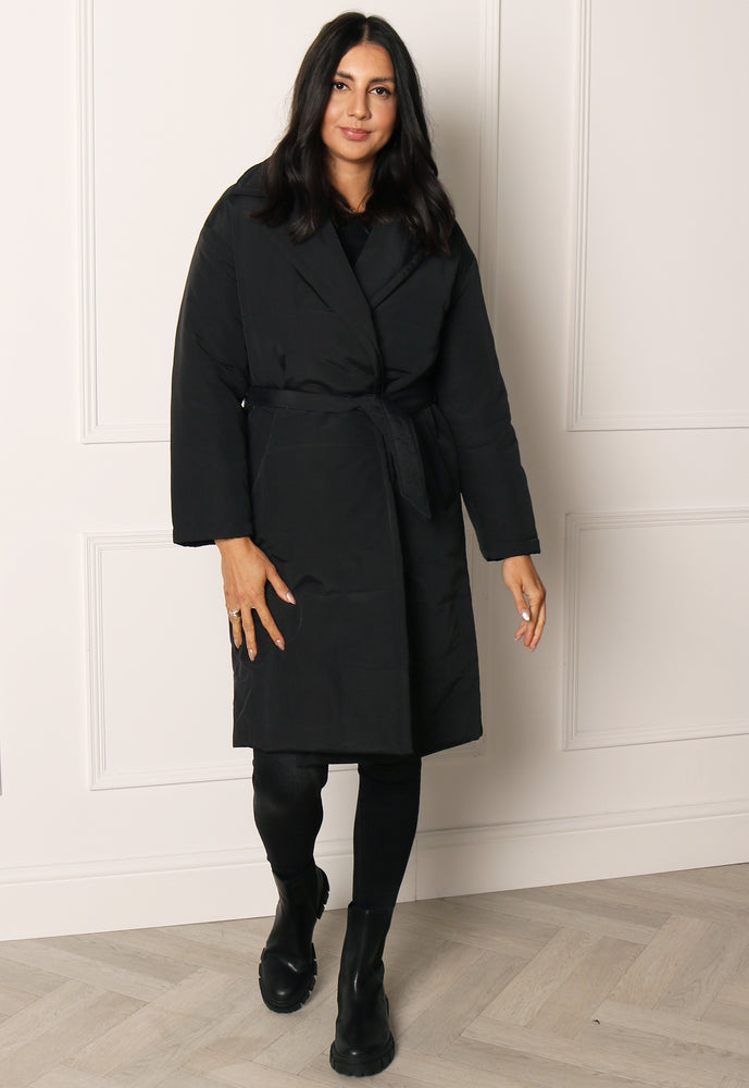 ONLY Selena Midi Longline Belted Padded Puffer Wrap Coat in Black - One Nation Clothing