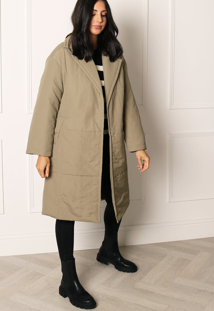 ONLY Selena Midi Longline Belted Padded Puffer Wrap Coat in Soft Khaki - One Nation Clothing
