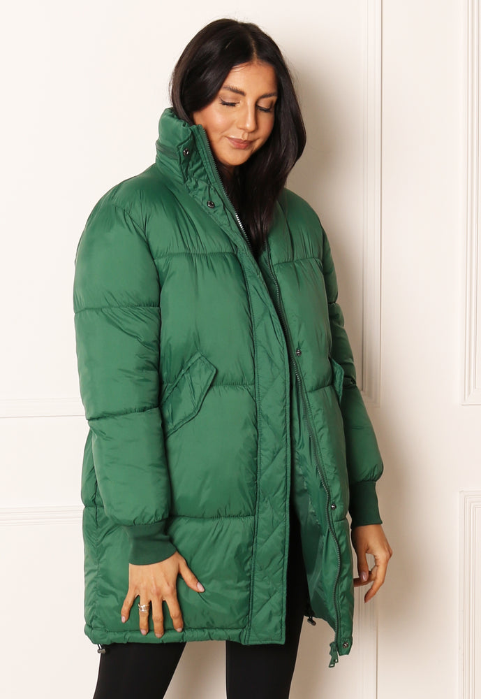 ONLY Petra Oversized Longline Puffer Coat with Foldaway Hood in Green - One Nation Clothing