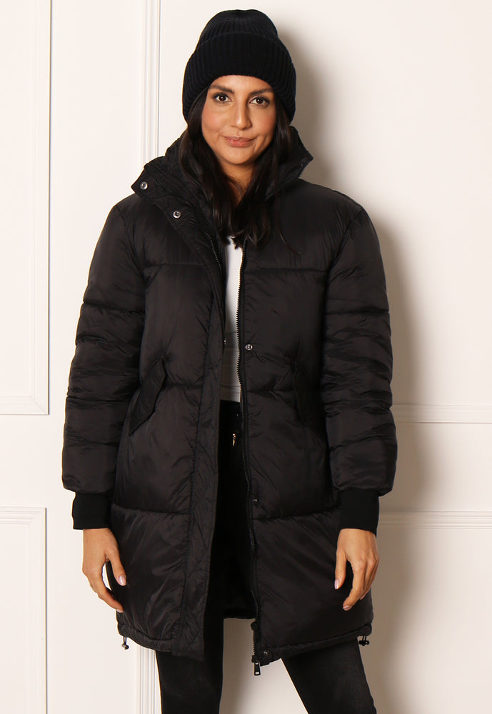 ONLY Petra Oversized Longline Puffer Coat with Foldaway Hood in Black - One Nation Clothing