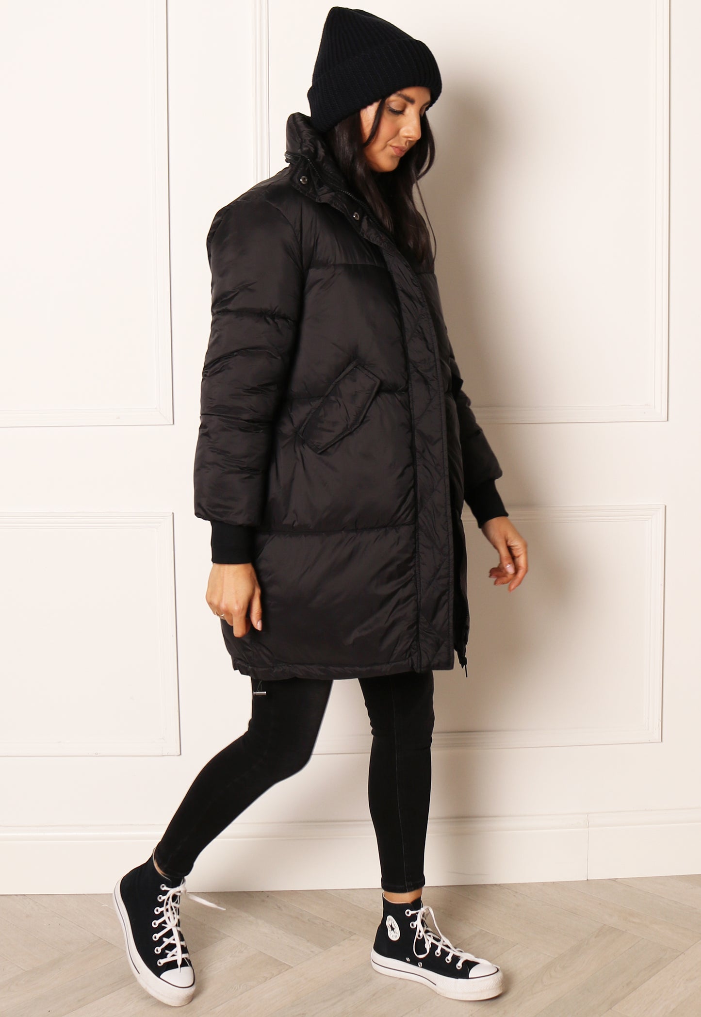ONLY Petra Oversized Longline Puffer Coat with Foldaway Hood in Black - One Nation Clothing