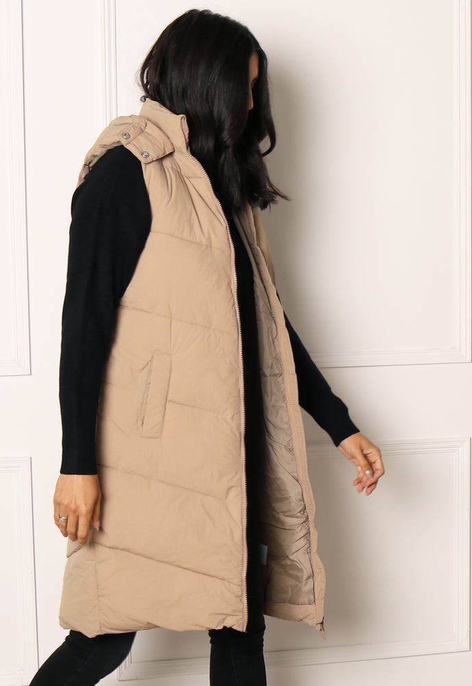 PIECES Jamilla Midi Longline Padded Puffer Sleeveless Gilet with Hood in Beige - One Nation Clothing