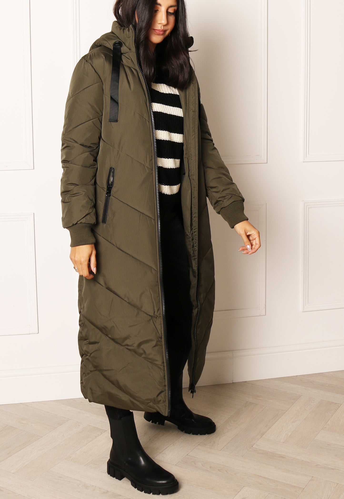 JDY Maxi Skylar Chevron Quilted Hooded Puffer Coat in Khaki Green - One Nation Clothing