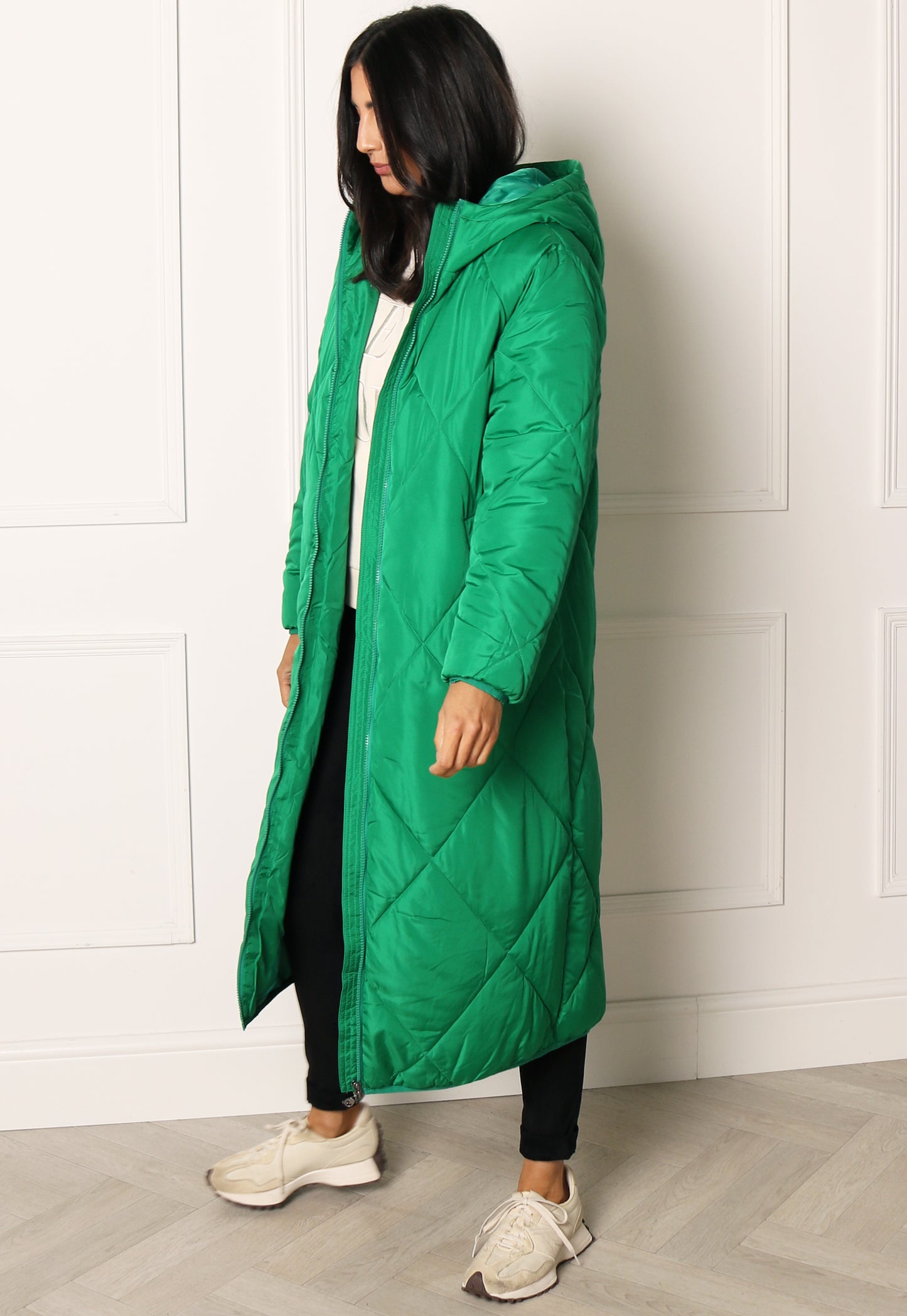 ONLY Tamara Maxi Diamond Quilted Longline Puffer Coat with Funnel Neck in Green - One Nation Clothing