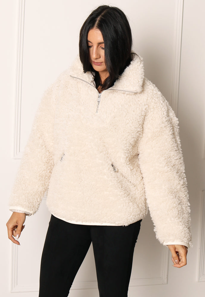 ONLY Ellie Sherpa Teddy Fleece Pullover with Zip Top in Cream - One Nation Clothing