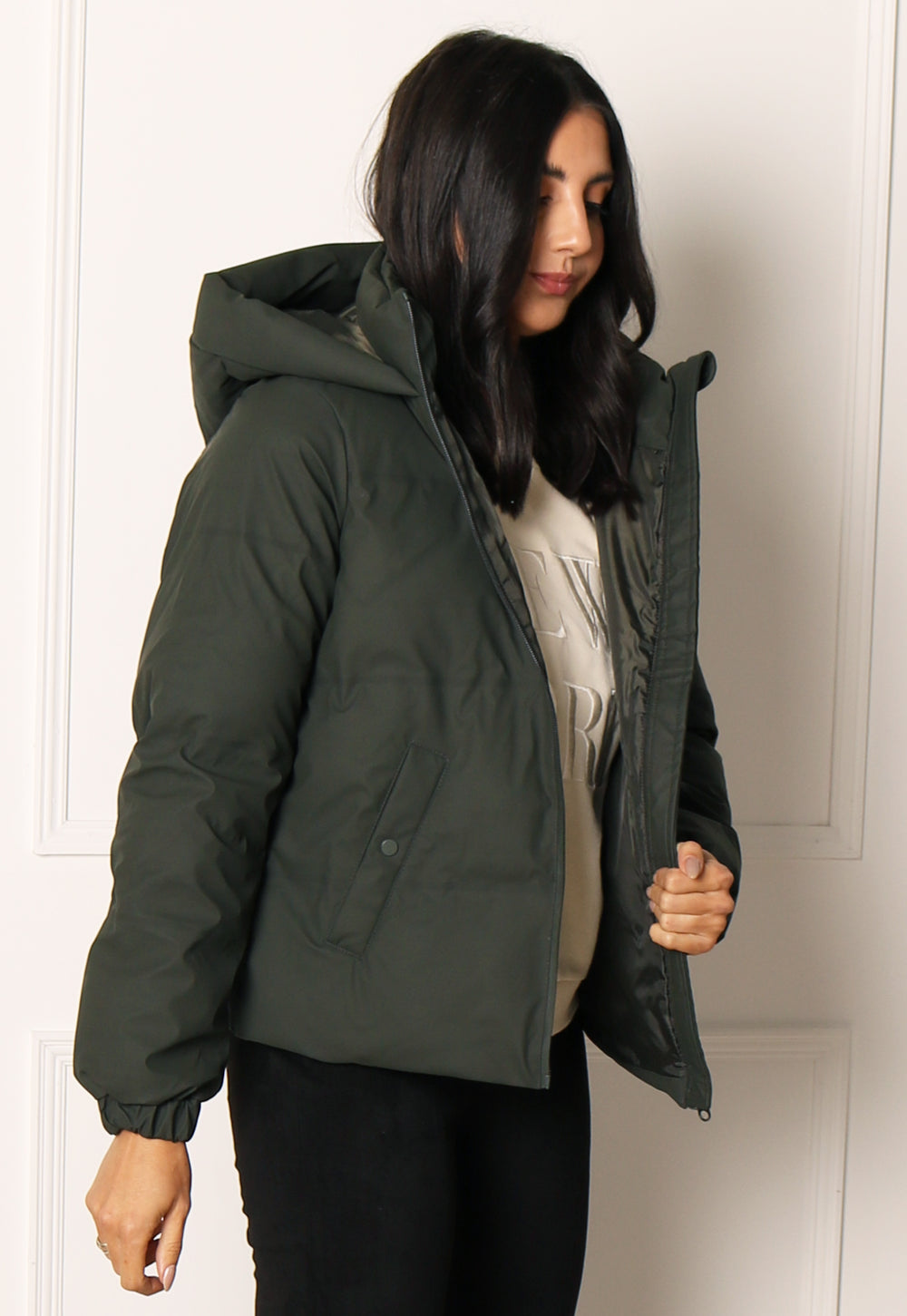 VERO MODA Noe Water Repellent Quilted Short Hooded Puffer Jacket in Dark Khaki - One Nation Clothing