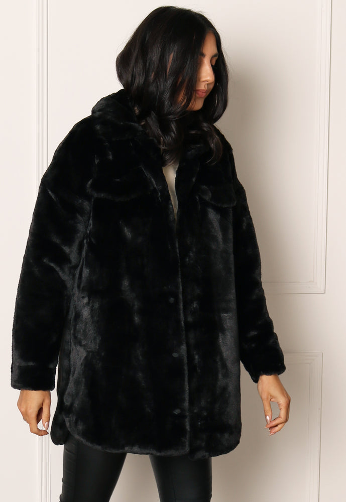 
                  
                    ONLY Vida Oversized Faux Fur Trucker Long Shacket Coat in Black - One Nation Clothing
                  
                