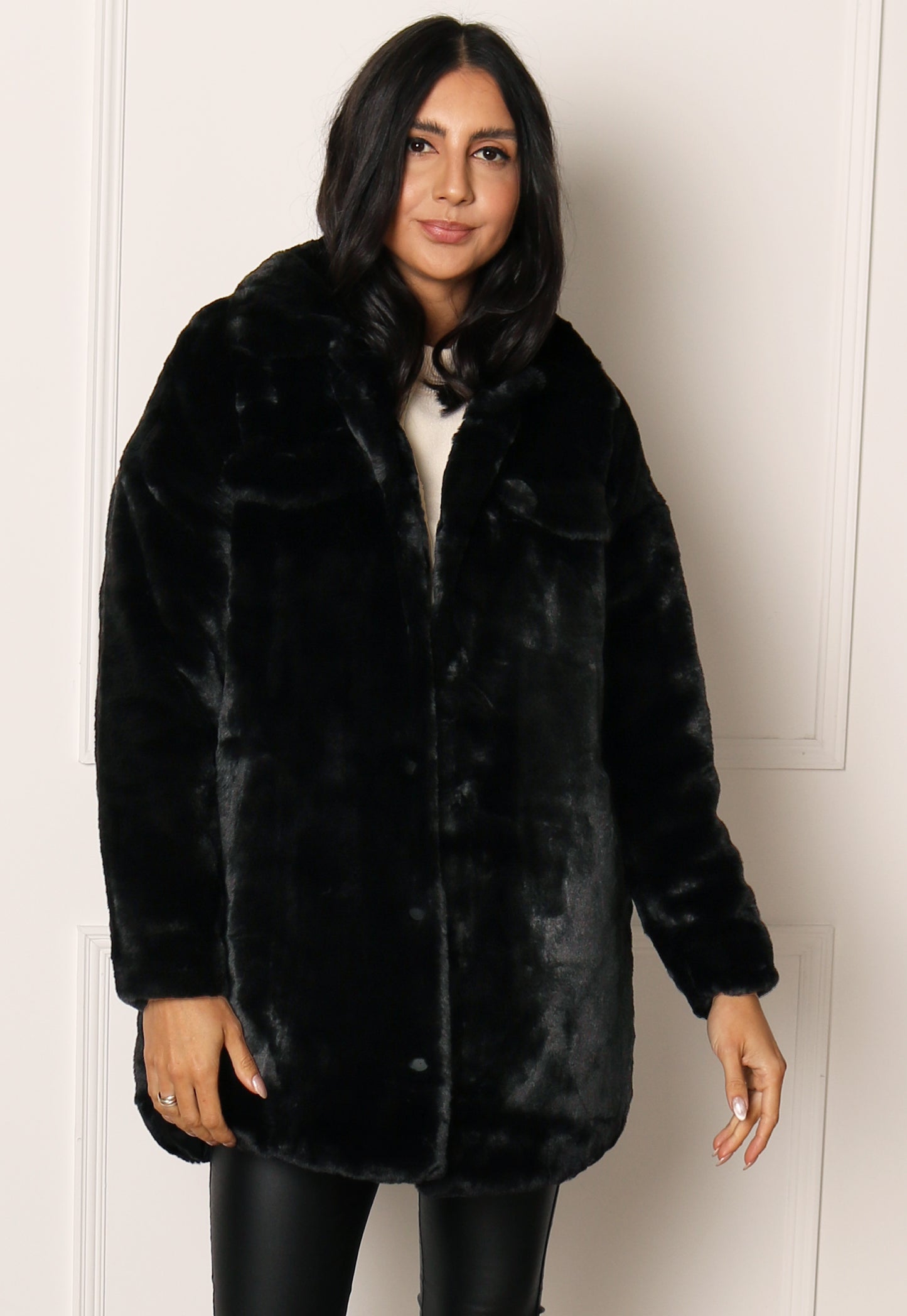 ONLY Vida Oversized Faux Fur Trucker Long Shacket Coat in Black - One Nation Clothing