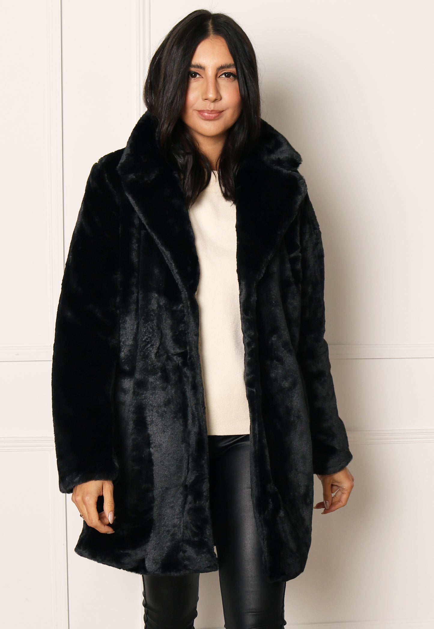 
                  
                    VILA Ebba Vintage Style Faux Fur Midi Coat with Collar in Black - One Nation Clothing
                  
                