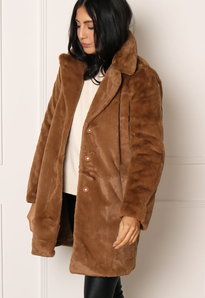 VILA Ebba Vintage Style Faux Fur Midi Coat with Collar in Light Brown - One Nation Clothing