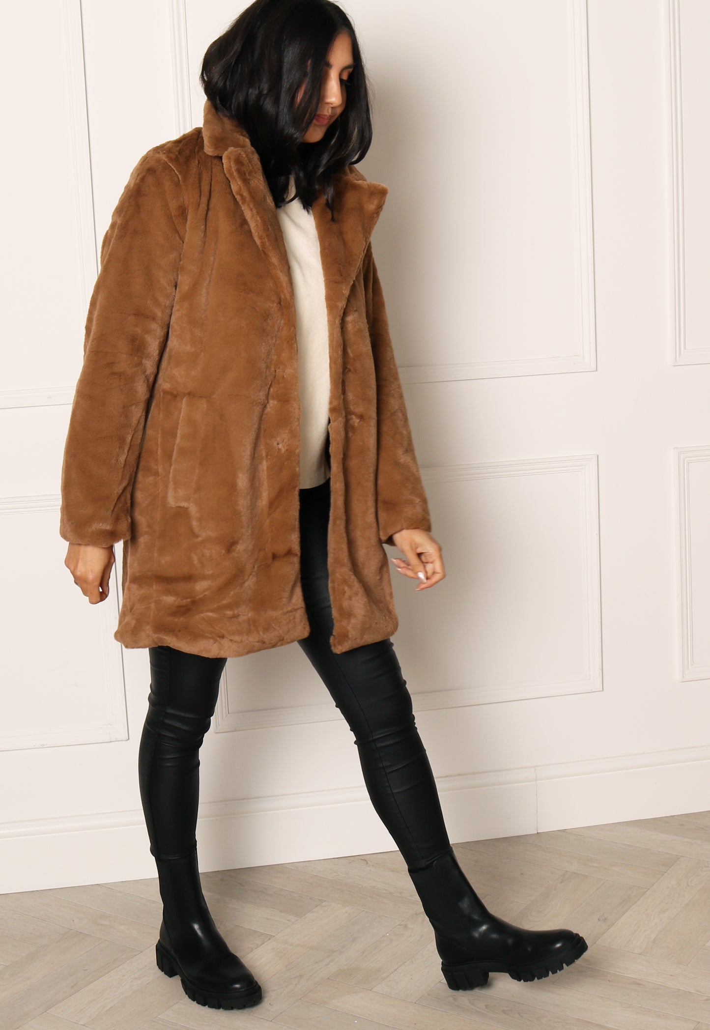 VILA Ebba Vintage Style Faux Fur Midi Coat with Collar in Light Brown - One Nation Clothing