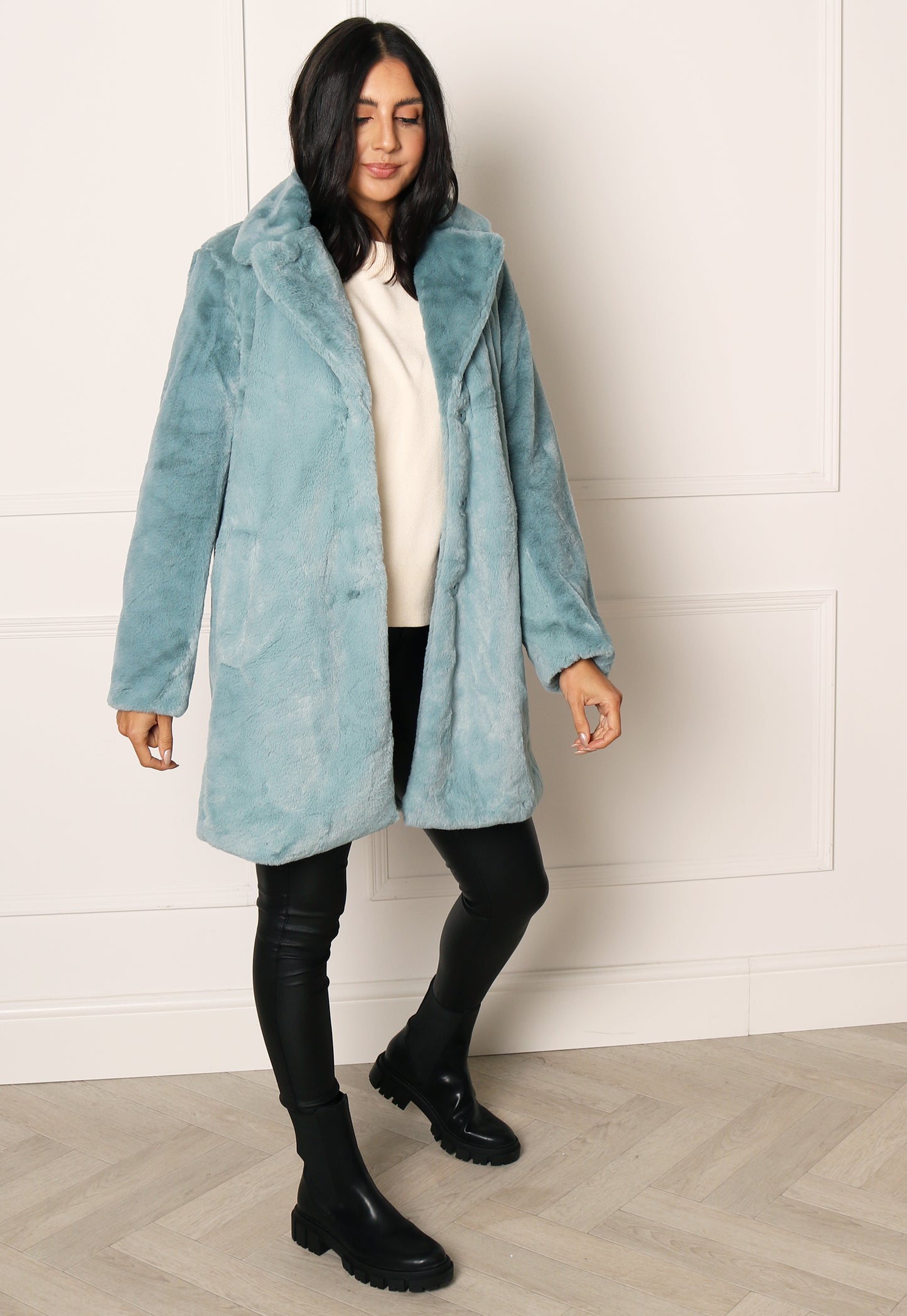 
                  
                    VILA Ebba Vintage Style Faux Fur Midi Coat with Collar in Duck Egg Blue - One Nation Clothing
                  
                