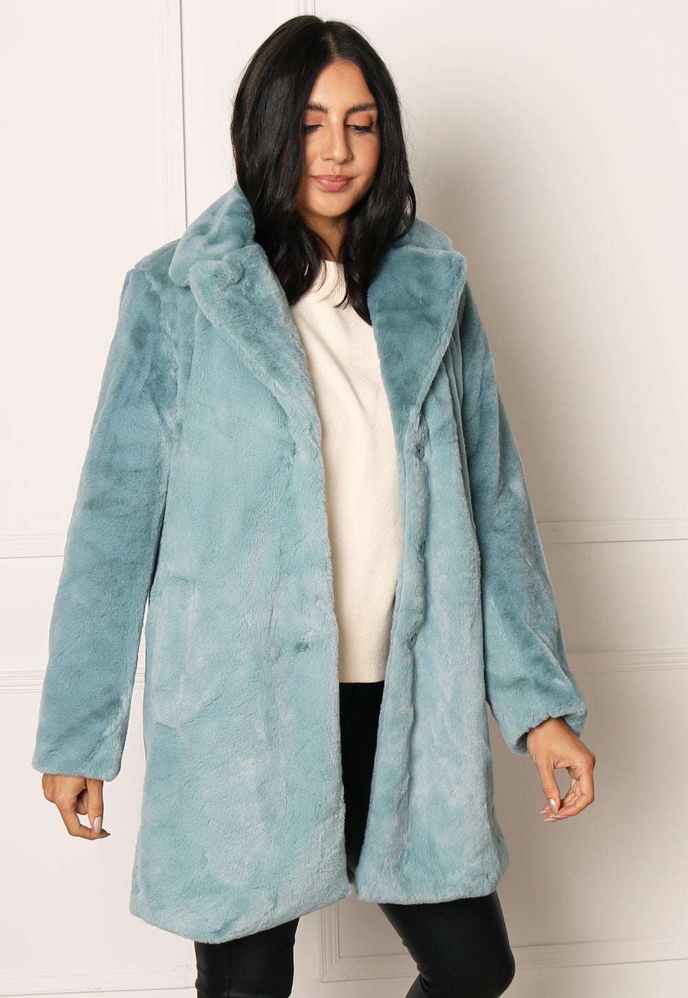 VILA Ebba Vintage Style Faux Fur Midi Coat with Collar in Duck Egg Blue - One Nation Clothing