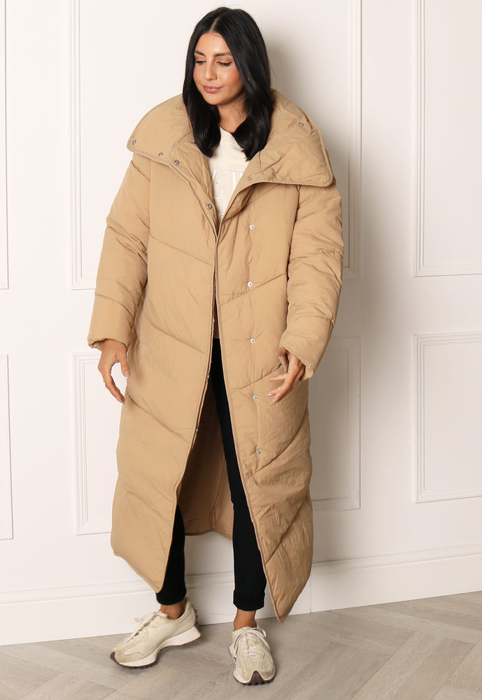 VILA Louisa Maxi Longline Duvet Puffer Coat in Beige - One Nation Clothing