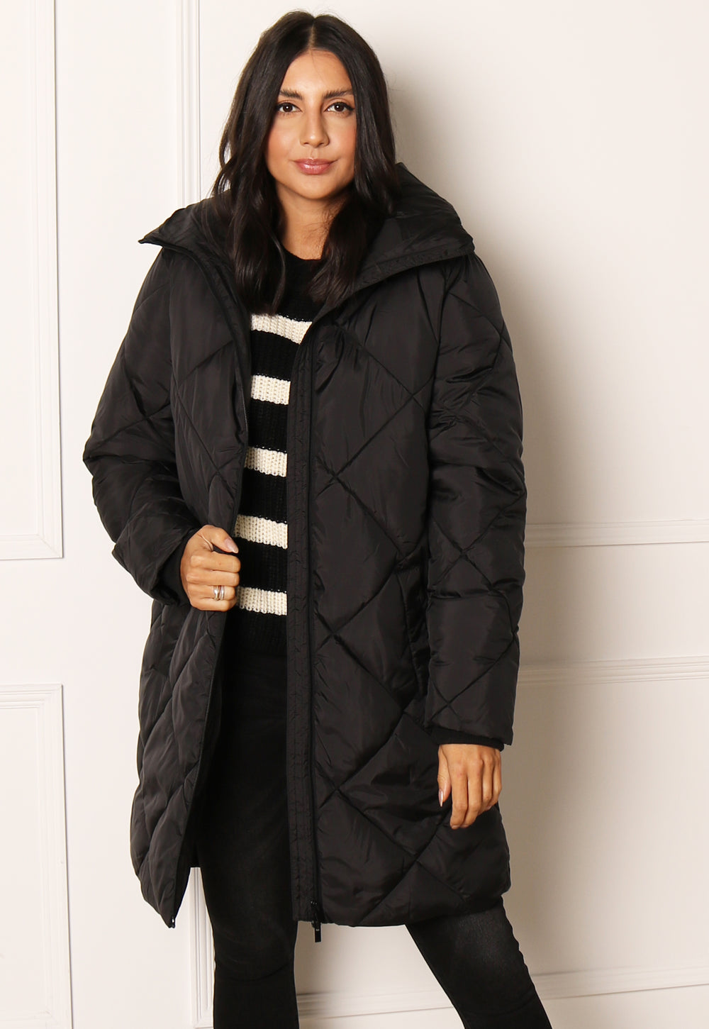 VILA Adaya Diamond Quilted Longline Puffer Coat with Funnel Neck in Black - One Nation Clothing