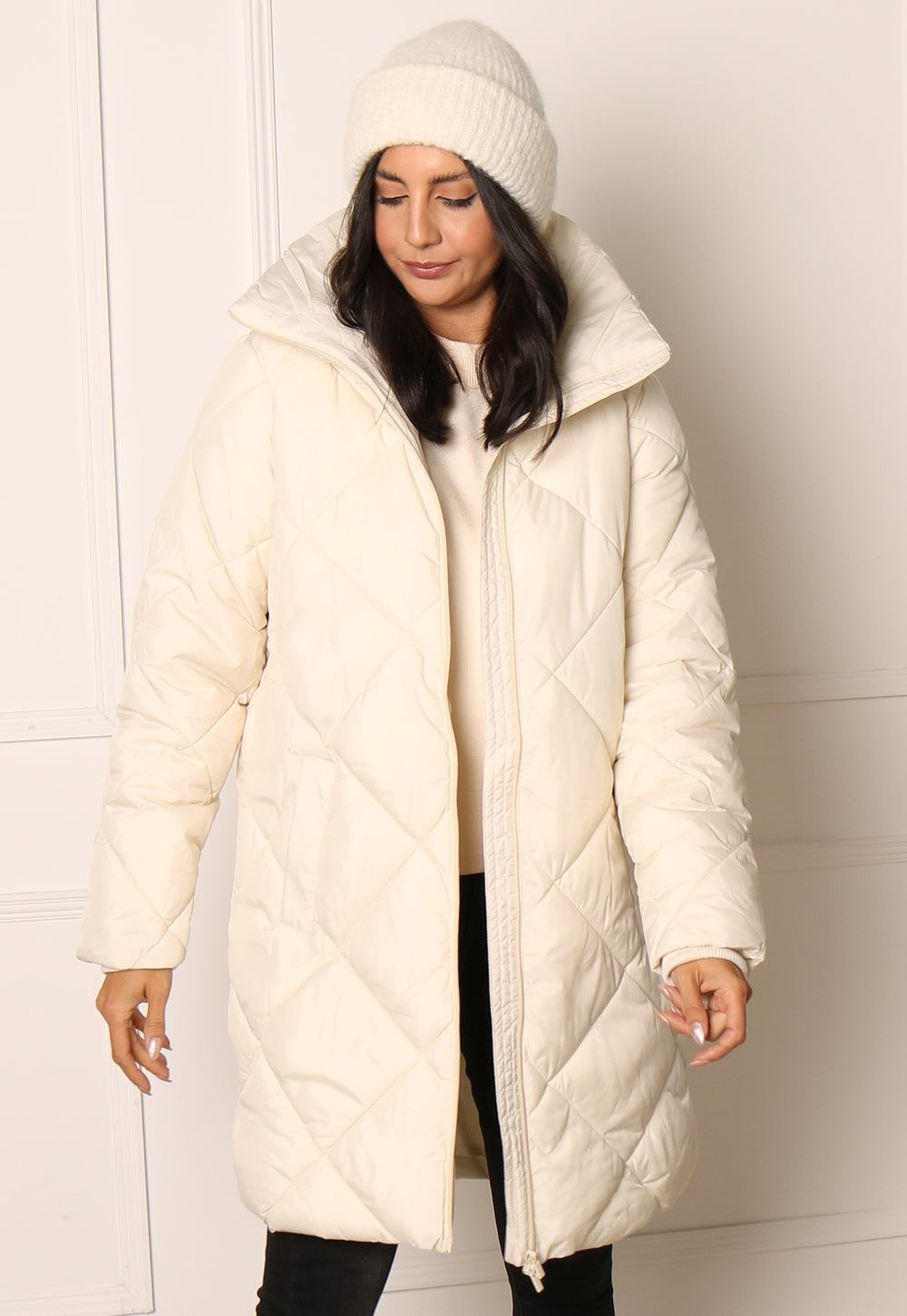 VILA Adaya Diamond Quilted Longline Puffer Coat with Funnel Neck in Soft Cream - One Nation Clothing