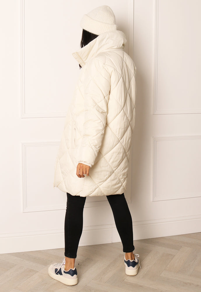 
                  
                    VILA Adaya Diamond Quilted Longline Puffer Coat with Funnel Neck in Soft Cream - One Nation Clothing
                  
                