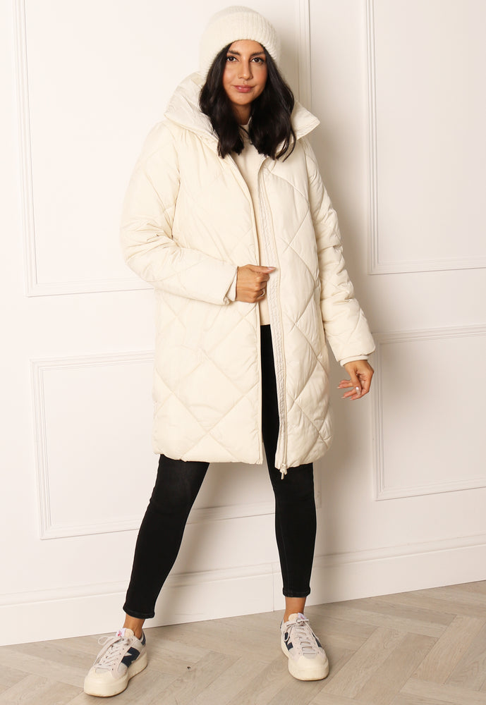 VILA Adaya Diamond Quilted Longline Puffer Coat with Funnel Neck in Soft Cream - One Nation Clothing