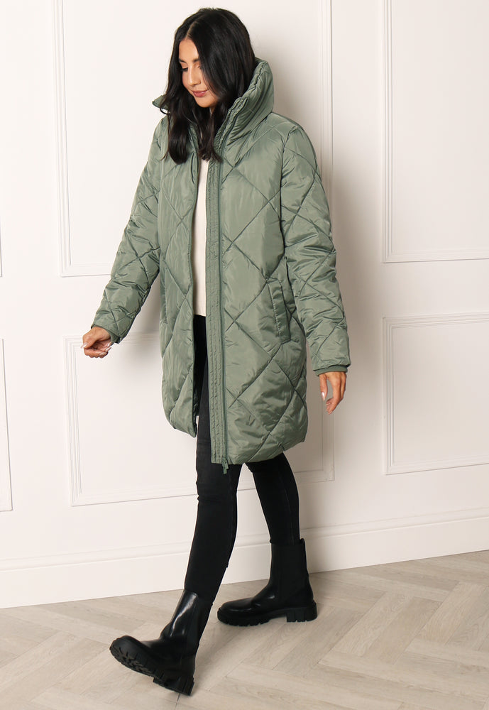 
                  
                    VILA Adaya Diamond Quilted Longline Puffer Coat with Funnel Neck in Soft Green - One Nation Clothing
                  
                