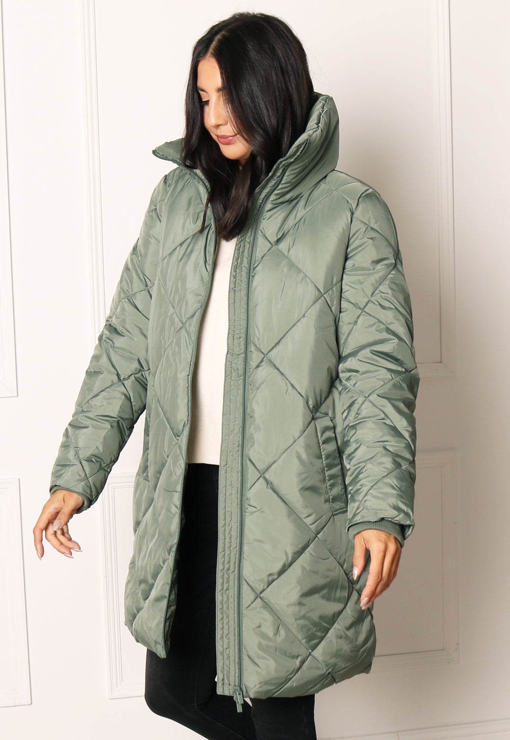 VILA Adaya Diamond Quilted Longline Puffer Coat with Funnel Neck in Soft Green - One Nation Clothing